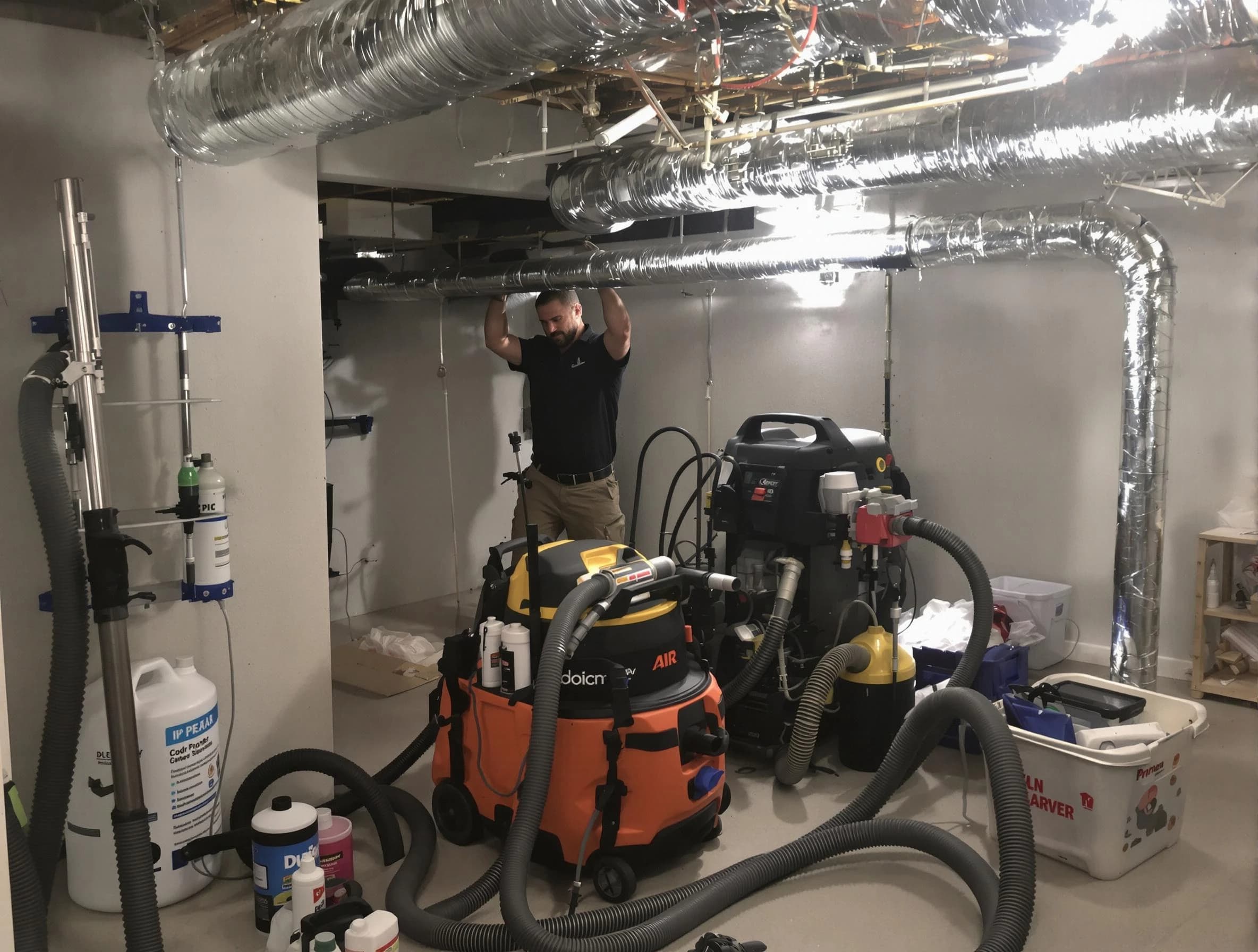 Dacono Air Duct Cleaning specialist performing professional mold removal from air ducts using safety equipment in Dacono